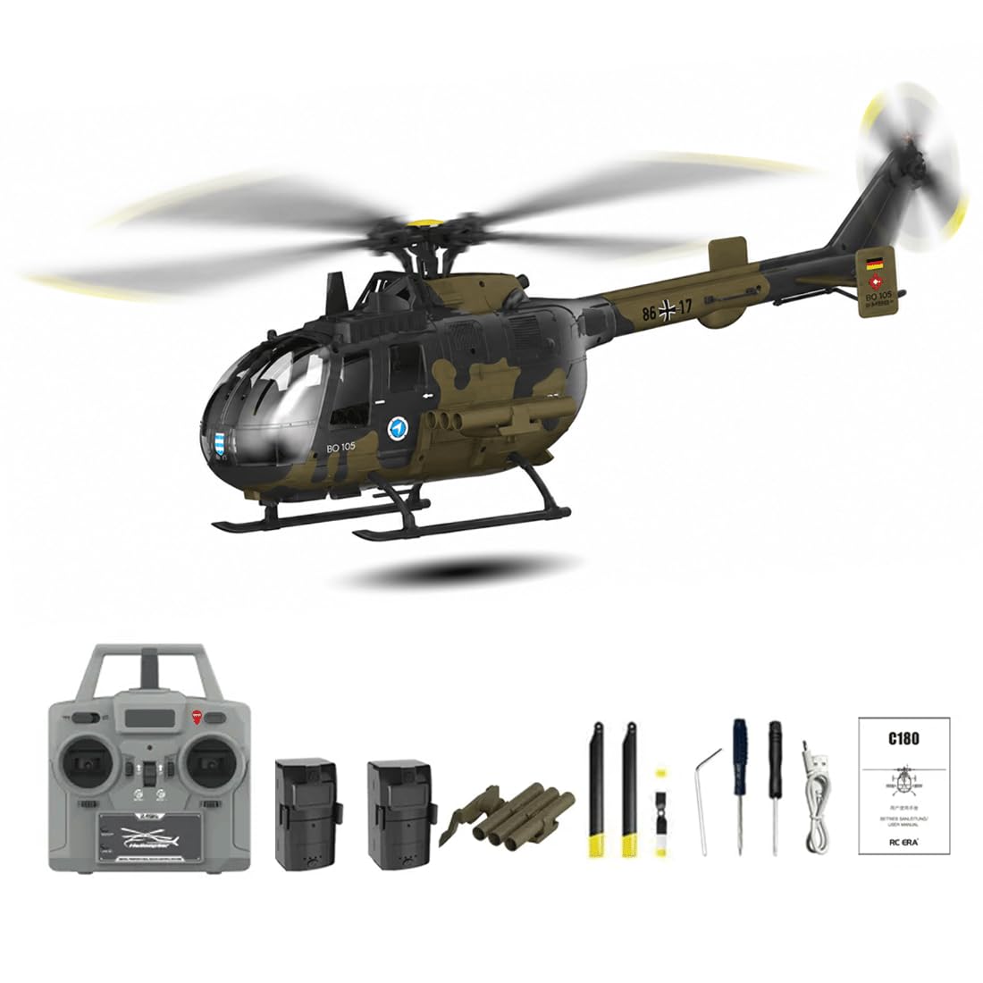 NULA RC-ERA C180 1:25 Scale 6CH RC Helicopter With Brushless Motor, 6-Axis Gyro, TOF LiDAR Altitude Hold & Optical Flow Positioning, Single Rotor Military Aircraft - RTF /2 Battery