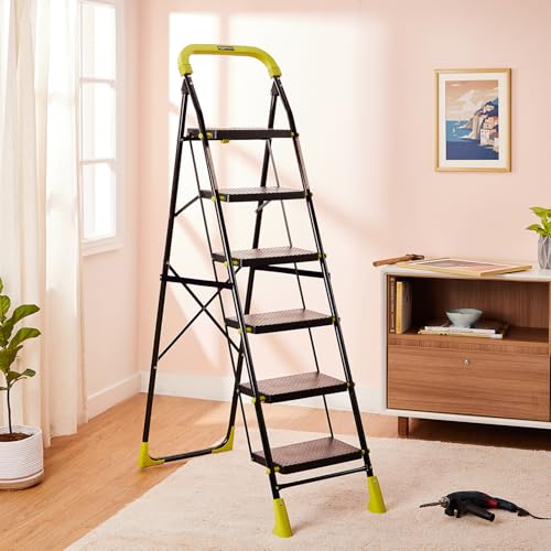 Image of Amazon Basics Dynamo - Foldable Step Ladder, Safety Clutch Lock, Anti Slip Steps, Knee Guard, Anti Skid PVC Shoes, 6 Steps (Steel, Black & Lime Green)