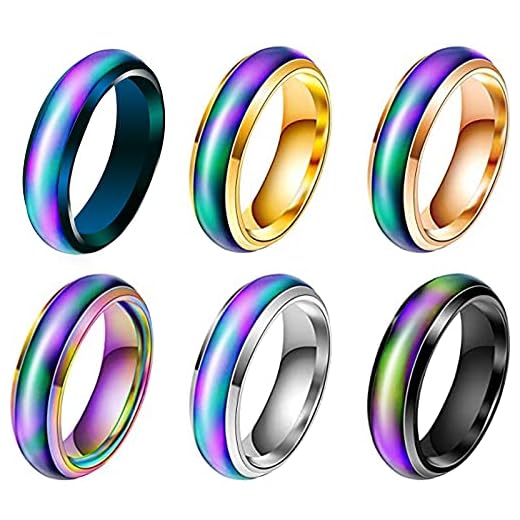 通用 6 Piezas Anillo de Ánimo de Cambio de Color, Anillo de Boda de Acero Inoxidable, para Hombres, Mujeres, Joyería de Moda, Vida Cotidiana, Fiesta, Cumpleaños, Regalo, Viajes, negro