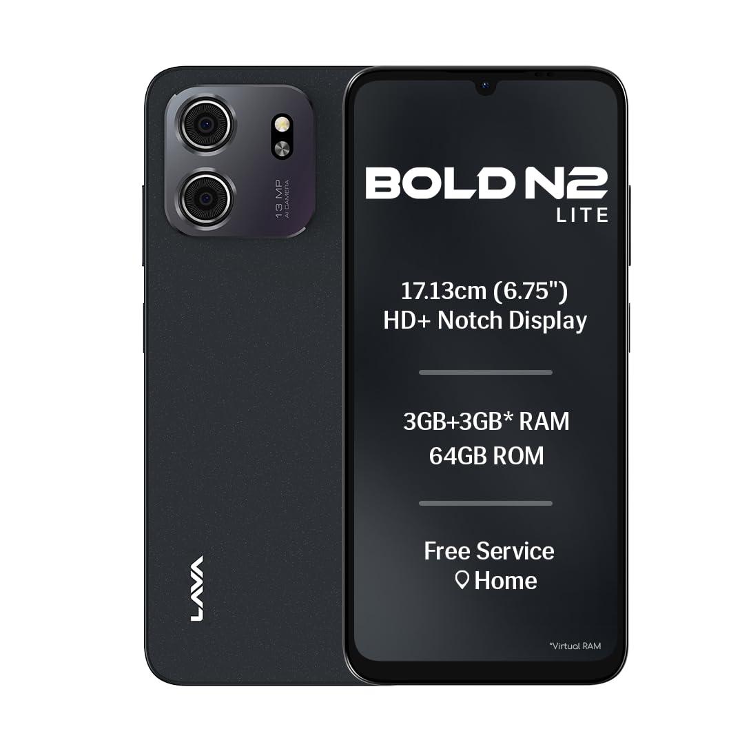 lava bold n2 lite (nilgiri blue, 3 gb ram, 64 gb storage) | 6.75" hd+ display | 13mp ai dual rear camera | 5000 mah battery | secure face unlock | fingerprint reader | charger & phone-cover in box