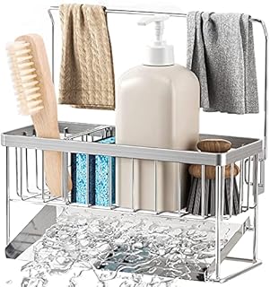 Baiswi Sponge Holder for Kitchen Sink, Sink Caddy Kitchen Sponge Holder for Dish Rags Brush Soap Scrubber Stainless Steel 304 Counter Organizer with Auto Drain Tray