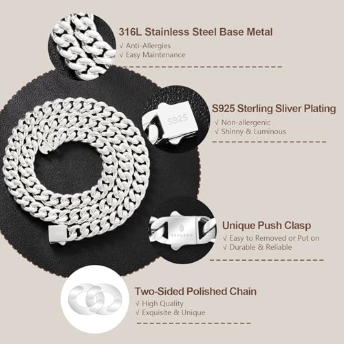 KRKC&CO Silver Cuban Link Chain for Men, Gift for Him Husband Dad, 8/10/12mm 316l Stainless Steel and 925 Sterling Filled, 24K Plated Miami Necklace Jewelrys, Cadena de Plata2