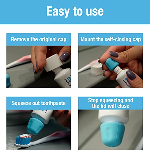 self closing toothpaste caps 6-pack by tilcare - no waste cap dispensers for adult and kids bathroom - mess-free toothpaste lids - easy to use food grade silicone and bpa-free toppers