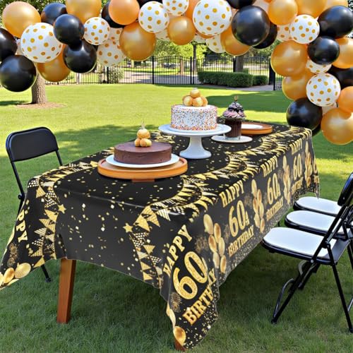 Image of Labeol 3 Pack 60th Birthday Tablecloth, Black and Gold Happy 60th Birthday Decorations, Disposable Plastic Rectangular Table Cover Party Supplies for Men Women