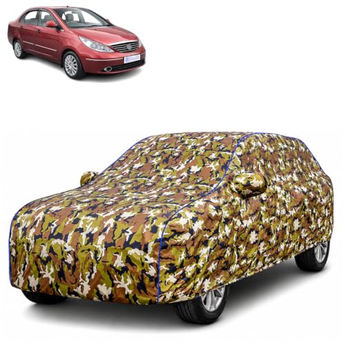 Image of Waterproof Car Body Cover for Tata Manza with Mirror Pocket| Cotton Inner Lining | Triple Stitched | All Weather Protection | Dust, UV & Rain Proof (Camouflage with Blue Piping)