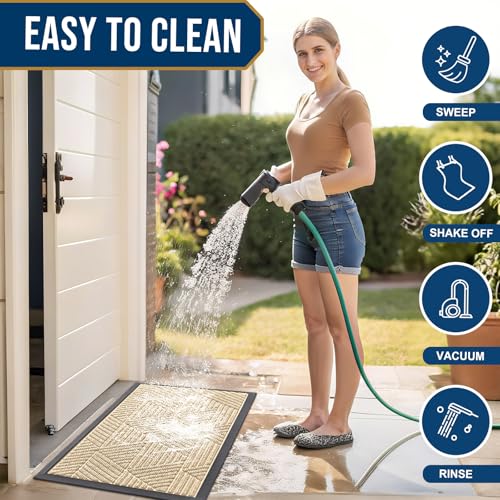 Image of Smiry Front Door Mat Outside Entrance, Heavy Duty Sturdy Natural Rubber Doormat, Trap Dirt and Moisture, Easy Clean Low Profile Mats for Indoor Outdoor Entry, Irregular Triangle (29.5x17, Beige)