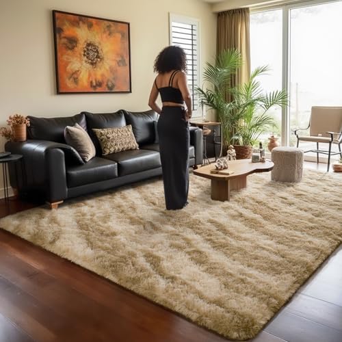 HOMORE 4x6 Area Rug for Bedroom, Tie-dye Beige Fluffy Furry Shaggy Rugs for Living Room, Super Soft and Comfy Carpet for Kids Room, Cute Carpets for Nursery Boys Girls Home Decor