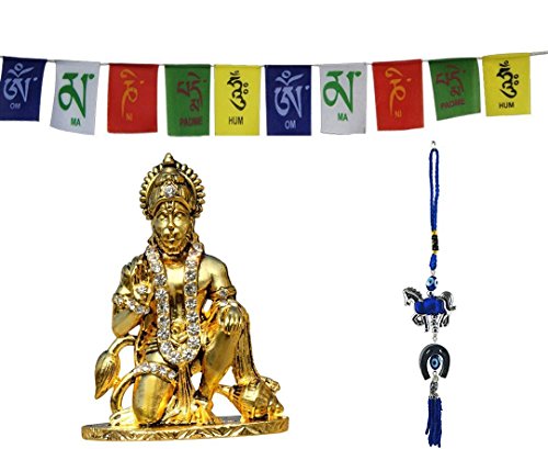 Odishabazaar Golden Hanuman Idol de coche para salpicadero de coche Pooja Puja, Estatuas Para Decoración + caballo con colgante de Naal