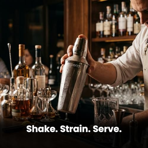 Image of O' Holic by Perch 10-Piece Bartender Kit with Mango Wooden Stand|Cocktail Shaker Gift Set with Jigger,Strainer,Spoon,Muddler, Pourers, Tongs & Corkscrew|Home Bar Accessories for Mixing Drinks (Silver)