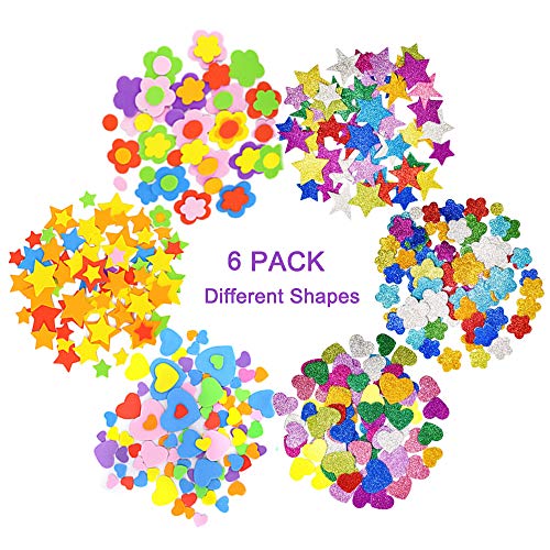 6 Pack Self-Adhesive Foam Glitter Stickers Assorted Colors Kids Arts Craft Supplies for Greeting Cards Home Decoration Love Heart Stars Shapes and Flowers Shapes Stickers