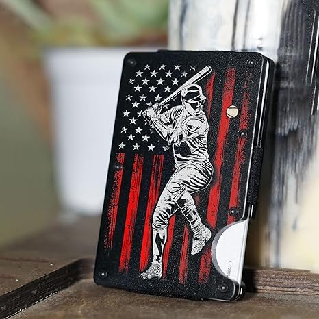Slim Wallet With Money Clip, Personalized Engraved Baseball Player American Flag Metal Wallet For Men, Blocking Credit Card Holder Baseball Player Wallet, Gift To Baseball Lover, Black, Mwl00014