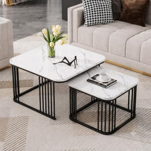 Image of Brown Art SHOPPEE Square Coffee Table Home Decor Furniture Coffee Table Sets,2 Piece MDF Top,Stacking Nesting Table with Iron Frame for Living Room Living Room or Lounge (Black & White)