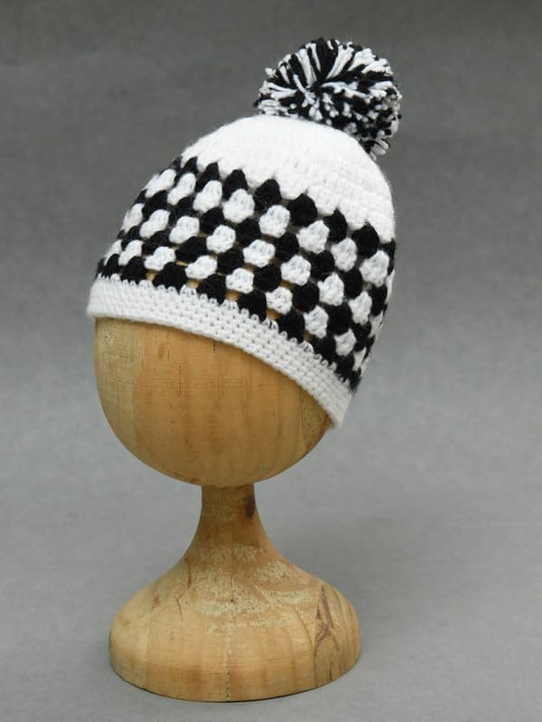 Image of Handmade Knitted Self Design Woolen Beanie Cap for Kids - White & Red 6-12 M | Winter Cap for Baby | FUNCAP56-6-12 M