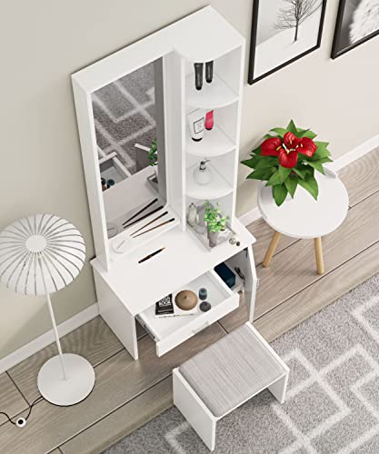Image of Bniture Wooden Dressing Table for Bedroom with 1 Drawer, Mirror and Huge Storage Space with Stool | Long Dresser Vanity Table with Mirror(40D x 68W x 175H CM) (Frosty White)