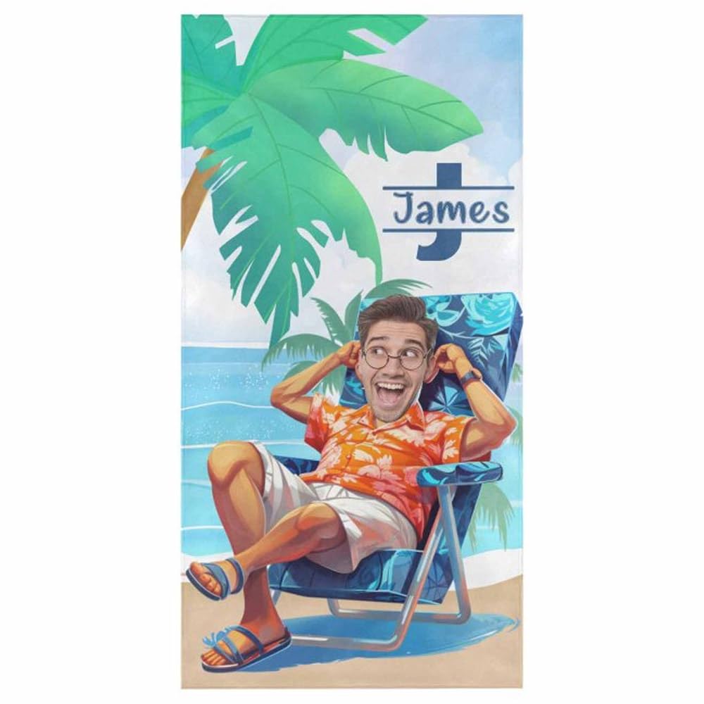 Personalized Beach Towel With Picture & Name - Custom Photo Funny Face Towel For Kids & Adults, Quick Dry Microfiber