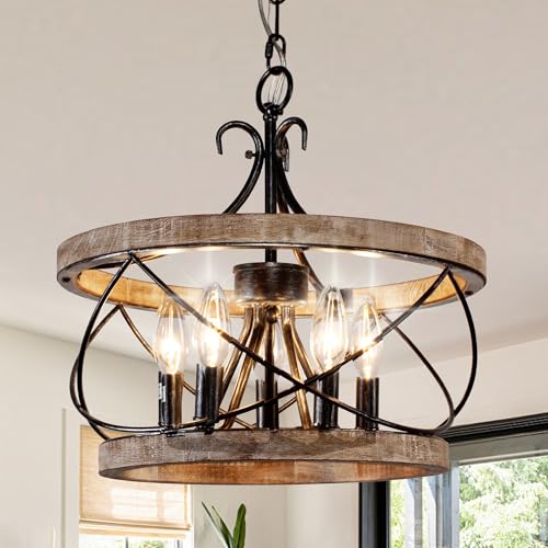Farmhouse Wood Chandelier Light Fixture, 16 Inch Dining Room Light Fixture Over Table, 5-Light French Country Rustic Industrial Drum Chandelier for Kitchen Dining Room Entryway