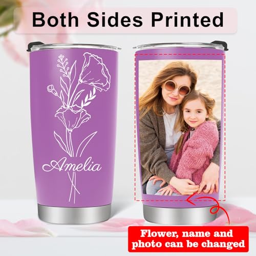 Image of Personalized Tumblers with Names Picture, 15 Colors 20 oz Custom Birth Flower Insulated Tumblers Cups with Straw, Personalized Birthday Gifts for Women Mom Grandma