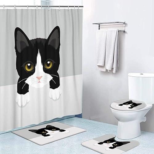 Juego de 4 cortinas de ducha con alfombras antideslizantes, cubierta para tapa de inodoro y tapete de baño, cortina de ducha impermeable con 12