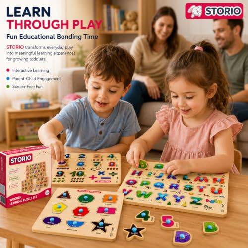 Image of Storio Wooden ABCD Learning Board for Kids, Alphabet Number Shape Puzzle Board, Montessori Educational Toy, Wooden Activity Puzzle for Toddlers Boys Girls Age 2 3 4 5 Years