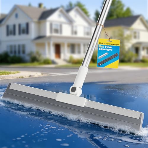 Floor Squeegee Broom with Long Handle Heavy Duty Rubber Squeegee Kit Scrubber for Tile Floor Garage Concrete with 2 Replacement Heads & 1 Cloth (3-in-1 Set)
