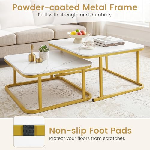 Image of GIANTEX Nesting Coffee Table Set of 2, Faux Marble Center Table with Metal Frame, Modern Square Accent Cocktail Table, Small Coffee Table for Living Room, Small Spaces (White & Gold)