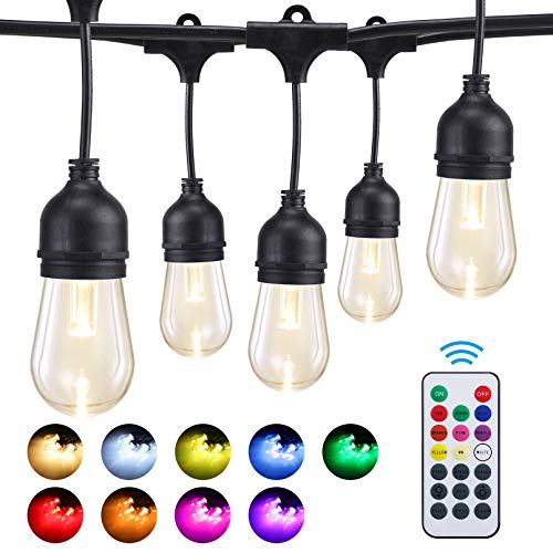 TORCHSTAR LED Outdoor String Lights, 120V RGB Dimmable Patio Lighting with Remote Control, 15+2 Dimmable Bulbs, IP65 Waterproof for Garden, Backyard, 50ft