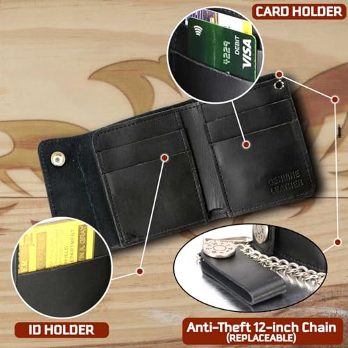 Milwaukee Leather MLW7822 Men's 4.25” Leather Bi-Fold Biker Wallet w/Anti-Theft Stainless Steel Chain and 44 Mag Nickel Snaps - One Size2