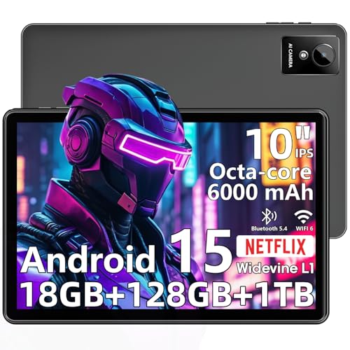Tablet 10 inch Android 15 Tablets, 18GB RAM 128GB ROM 1TB Expand, Octa-Core Processor, 1280x800 LCD Touch Screen,WiFi 6, Dual Camera, BT5.4, 6000mAh Battery, GPS