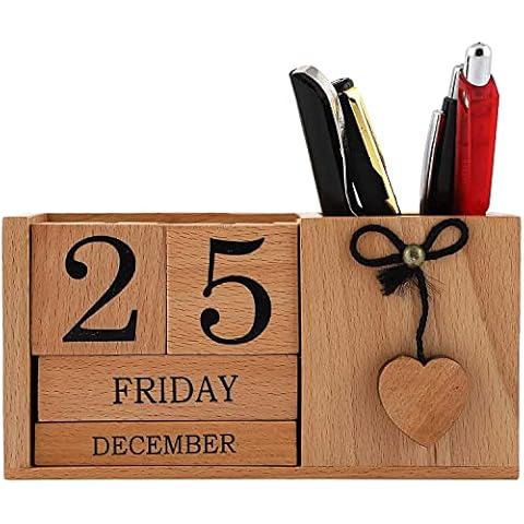 Frescorr - Wooden Perpetual Calendar for Desk, Wood Month Date Display Blocks for Teachers, Students, Classrooms, Farmhouse Office Decor, Desk Accessories Cover