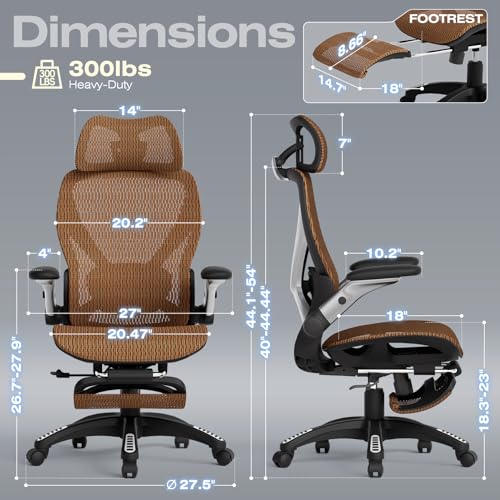 ELABEST X100 Ergonomic Office Chair with Footrest, Big and Tall Home Desk Chair with 5D Flip-Up Arms, Adjustable 3D Lumbar Support,High Back Rolling Computer Chair, Swivel Mesh Chairs