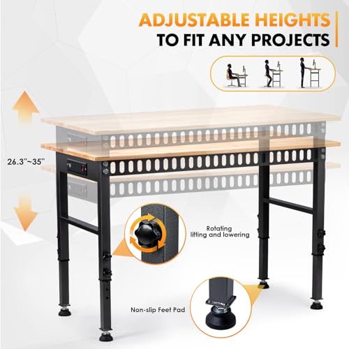 48" Height Adjustable Workbench, 2000 LBS Load Capacity Rubber Wood Top Workstation with Power Outlet and Foot Pads, Heavy-Duty Hardwood Worktable for Garage Workshop (with Foot Pads and Socket,48'') by GVGBUK - Image 2