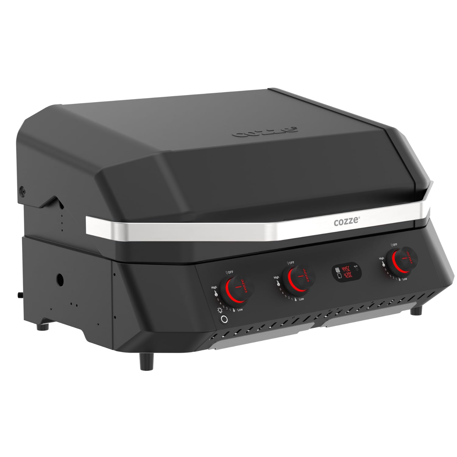 Cozze® G-800 COMBO Plancha-Grill – 3 Brûleurs – 9,5 kW – Grill + Plancha en Fonte Émaillée – 50mbar – Régulateur Inclus – Barbecue Gaz Haute Performance