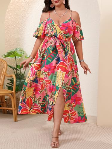 Image of Floerns Women's Plus Size Cold Shoulder Short Sleeve Split Thigh Long Dress
