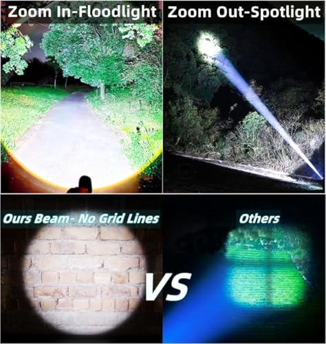 Image of Rechargeable Flashlight - 10000 Lumen High Power LED Torch, 1200M Long Beam, USB-C Charging, 10+ Hours Runtime, Adjustable Zoom Light for Camping, Hiking, Emergency, Outdoor Use (M931 Black)