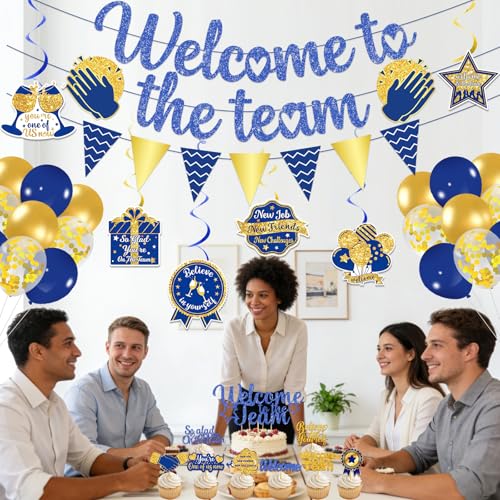 Image of Welcome to The Team Decorations - Welcome to The Team Banner Garland Hanging Swirls Balloons Cake Topper Cupcake Toppers Welcome Decorations for Office Sign New Employees Coworker Staff Gift (Blue)