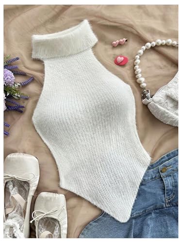 MakeMeChic Women's Turtleneck Sweater Vest Y2k Asymmetrical Sleeveless Fitted Knit Tops4