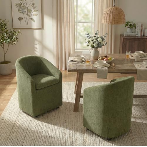Image of KISLOT Upholstered Dining Chairs with Casters, Washable Cover Modern Dining Room Chairs with Barrel Backrest & Dual Armrest for Kitchen, Living Room, Bedroom, Green Fabric, 2PCS
