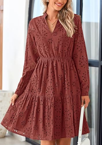 Image of PRETTYGARDEN Women's Long Sleeve Spring Dress 2025 Casual Fall V Neck A Line Hollow Out Eyelet Wedding Guest Short Dresses