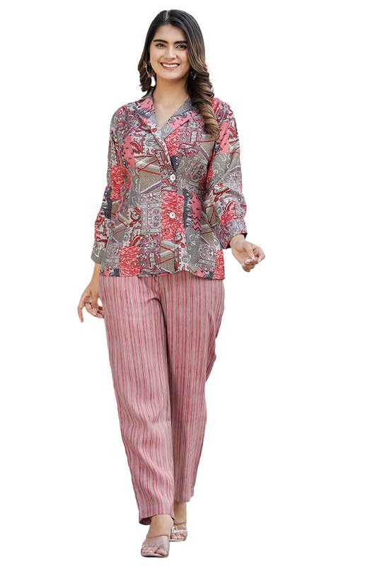 symple Women's Muslin Blend Co-ord Set Top and Trouser Pant Set | Two Piece Co ord Set for Casual Wear | Floral Printed Full Sleeves Lapel Collar Cord Set for Women and Girls-picture-30