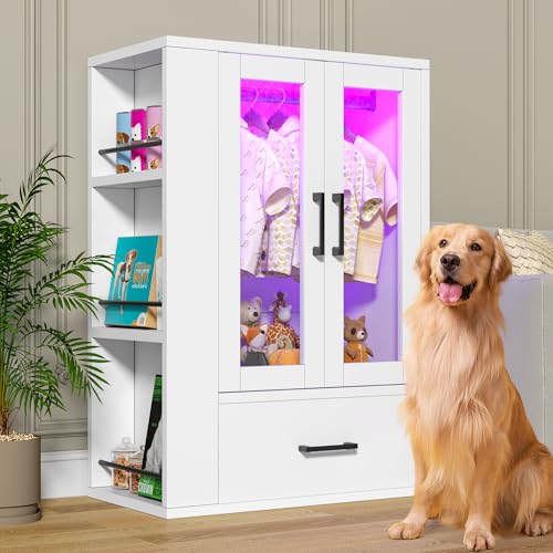 kepptory Pet Wardrobe Closet with LED Light Side Storage Shelves & Drawer White Pet Clothes Organizer Cabinet with Hanging Rod Multi-Functional Pet Closet for Dogs & Cats Clothing Toys