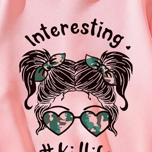 Image of Girls' Hoodie and Pants Set, Cartoon Printed Loose Sweatshirt Rib Knit Cuffs and Hemline and Elastic Waist Pants