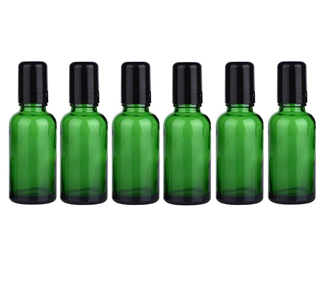 Vasana Black,Green 6Pcs 30Ml/1Oz Empty Refill Green Glass Essential Oil Sample Packing Roll-On Bottles With Metal Roller Balls And Black Cap Cosmetic Aromatherapy Perfumes Lip Balms Vial Storage Holder Jar Pots