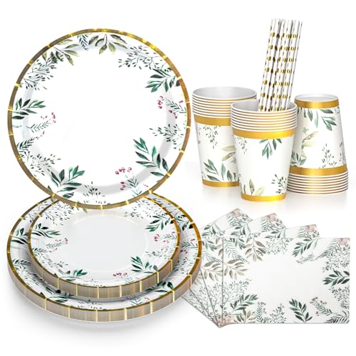 DN DENNOV Lot de 80 accessoires de table en papier vert sauge, comprenant des assiettes pour le plat principal, des assiettes d'accompagnement, des gobelets, des pailles et des serviettes pour 16