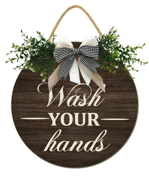 Horienteeon Bathroom Wash Your Hand Front Door Sign Bathroom Wall Hanging Farmhouse Wooden Door Hanger For Indoor Outdoor Home Porch Decor Round 12inch