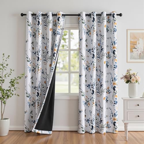 Image of MYSKY HOME 95% Blackout Floral Curtains 90 inch Long for Bedroom Living Room Flower Patterned Room Darkening Thermal Insulated Soundproof Grommet Window Treatments, 2 Panels, 52 inch Wide, Yellow and Blue