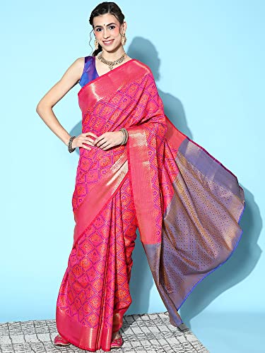 Image of AKHILAM Women's Ethnic Motif Banarasi Silk Woven Design Saree With Unstitched Blouse Piece (Pink FF02MNSV807)