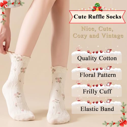 Image of Womens Ruffle Crew Socks Vintage Patterned Ankle Casual Fashion Dress Sock Cute Lettuce Floral Socks 5 /6 Pack