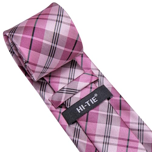 Image of Hi-Tie Mens Plaid Ties Classic Paisley Necktie with Handkerchief Cufflinks Set Business Stripe Tie