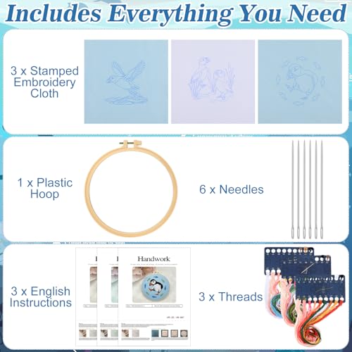 Image of Mindsoft 3 Set Needlepoint Kit for Beginners with Hoop,Sea Bird