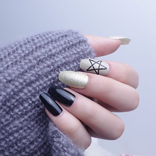 24pcs 12 Different Size Coffin Elegant Glitter Silver Stars Solid Black Long Full Cover False Nails with Design